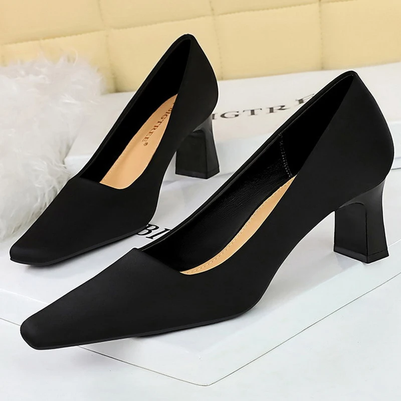 BIGTREE Shoes 2024 New Silks Satins Thick Heeled Women\'s Shoes Square Head Women Pumps Professional OL Office High Heels Female