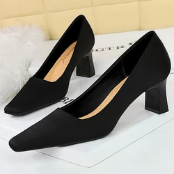 BIGTREE Shoes 2024 New Silks Satins Thick Heeled Women's Shoes Square Head Women Pumps Professional OL Office High Heels Female