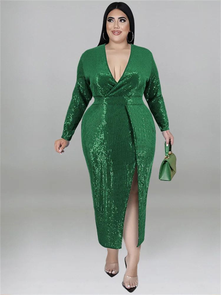 Wmstar Plus Size Women Clothing Sequins Party Dresses Fall V Neck Bodycon Elegant Sexy Evening Midi Dress Wholesale Dropshipping