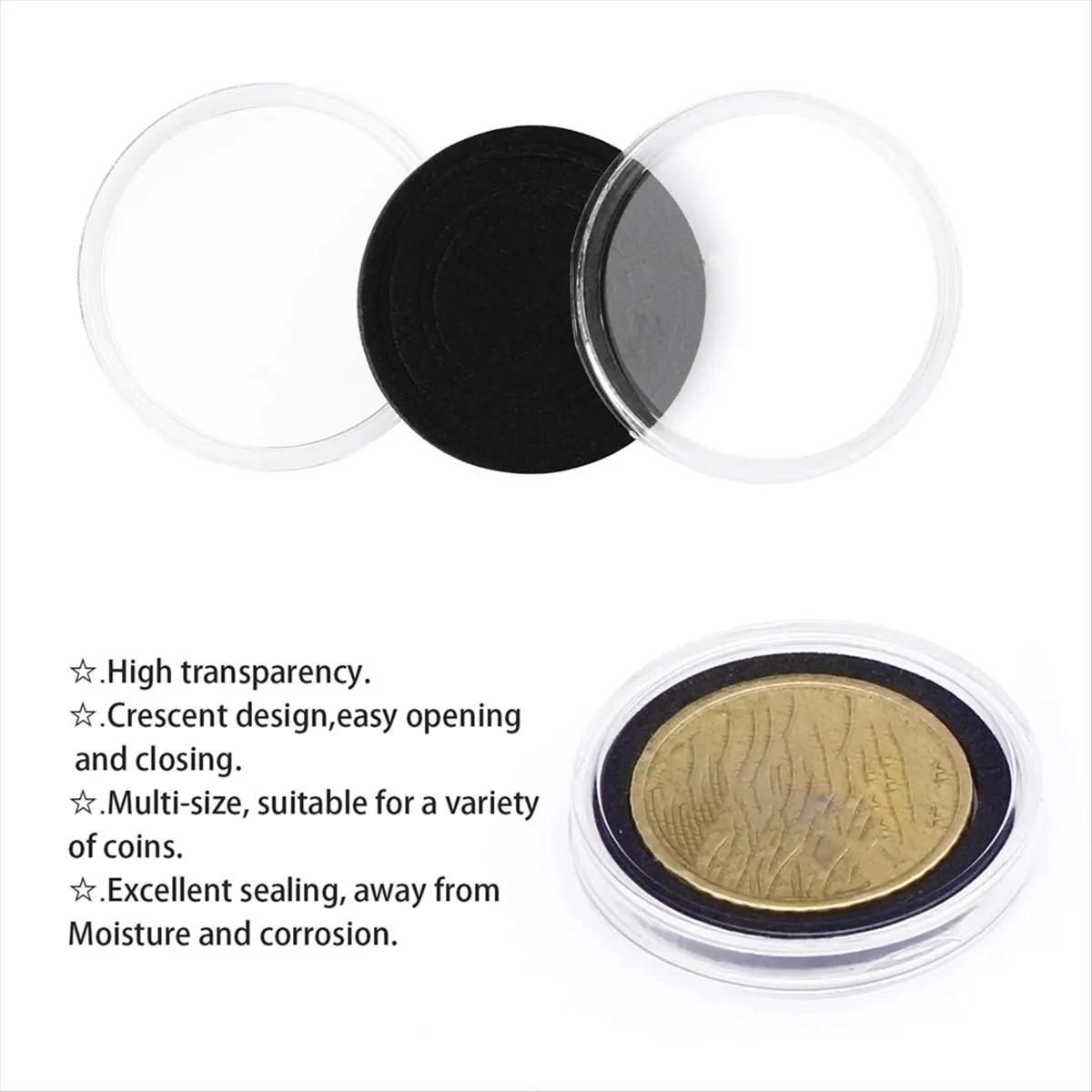 (AA91) 100 Peças de Cápsulas para Moedas de 30mm e 5 Tamanhos (17/20/25/27/30mm) com Gaxeta Protetora e Caixa Organizadora de Armazenamento