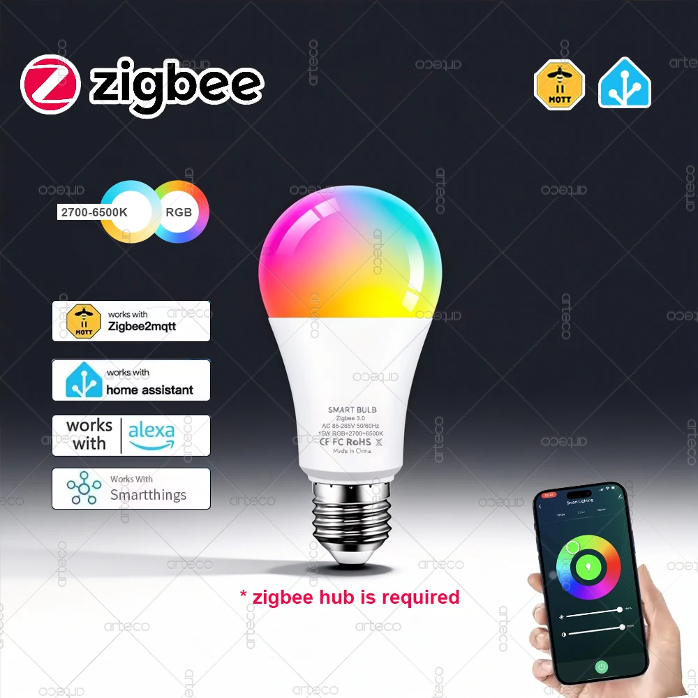 

Светодиодная лампа Zigbee E27 15 Вт 18 Вт Умная светодиодная лампа RGB CW WW Светодиодная лампа работает с Alexa Echo Home Assistant Z2MQTT Zigbee 3.0 Bridge