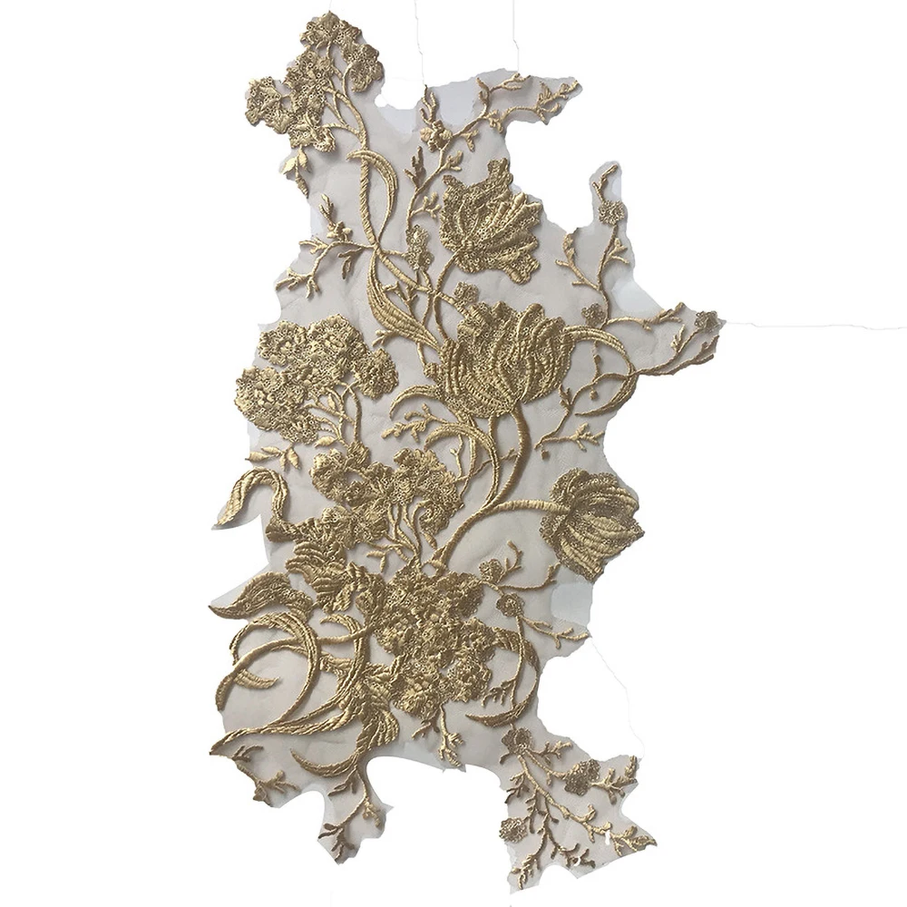 1Pcs Gold Fower Embroidered Mesh Fabric African Lace Fabric Sticker DIY Wedding Dress Decoration