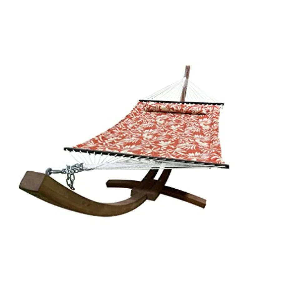 Outdoor wooden arc hammock stand with quilted double padded bed and pillow, teak stain finish, elegant floral pattern, 14 ft, 2