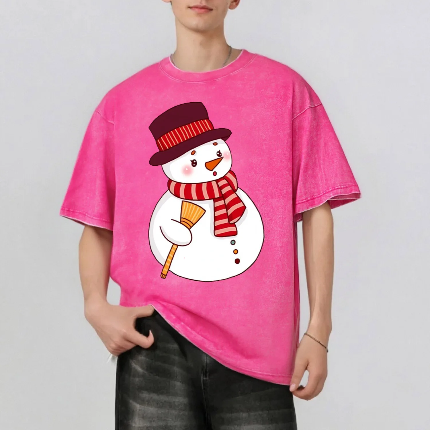 

Snowman Graphic Print Fashion Retro Style Washed T-Shirt Casual Short Sleeve 100% Cotton Unisex Top 230G