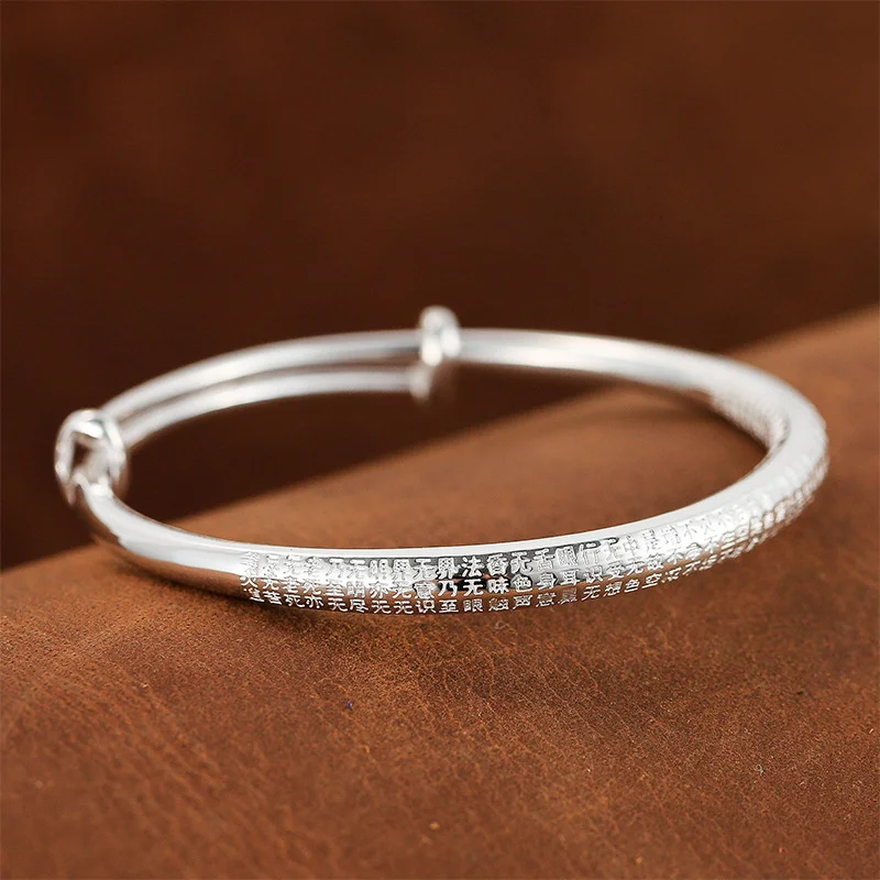999 Sterling Silver Thin Tube Push Pull Adjustable Bangle for Men Women Outer Engraved Heart Sutra Buddhist Scripture Polished U