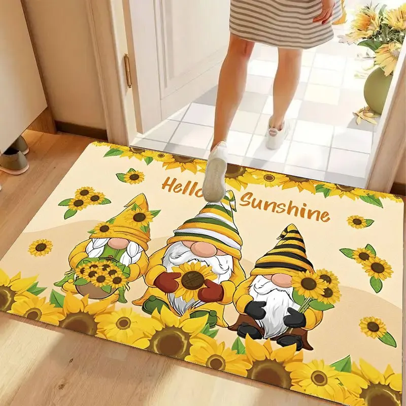 Cute Sunflower Gnome Welcome Mat Polyester Doormat Entryway Hallway Decoration Indoor Outdoor Spring Sunshine Greeting Mat Yello