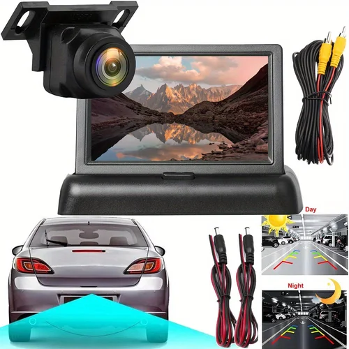 Imagen 2 del producto Sistema de marcha atrás de visión nocturna para coche, juego de cámara de visión trasera con pantalla plegable de 4,3 pulgadas, adecuado para coches, camionetas, camiones, vehículos recreativos y SUV