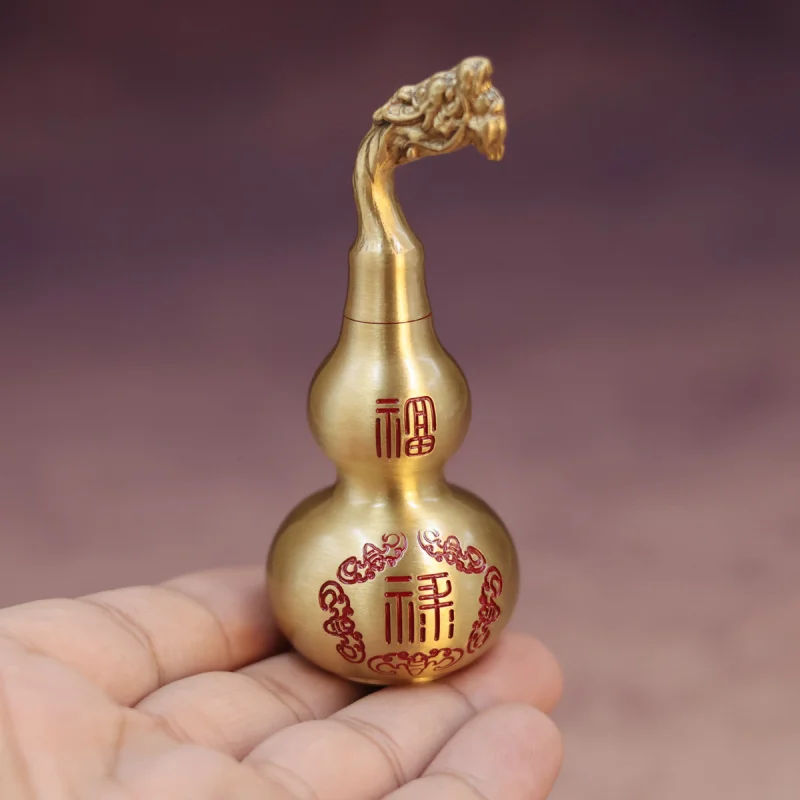Brass Red Oil 10cm Faucet Ornament with Open Lid Bottom, Hollow Eight-Trigram Fortune and Prosperity Pixiu Gourd Craft