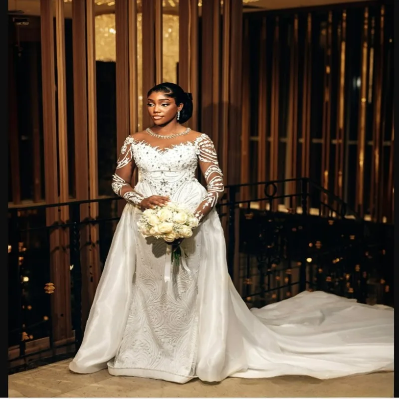 

Customized Sparkly Crystals Appliques Mermaid Wedding Dress with Detachable Train Robe Mariée Long Sleeves Bridal Gowns