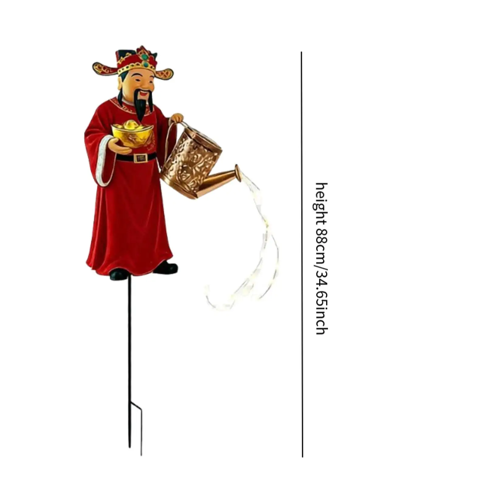 Solar Garden Stake Light Scene Layout Props, Weather Resistant Metal Watering Can Lights, God of Wealth Figure Ornament