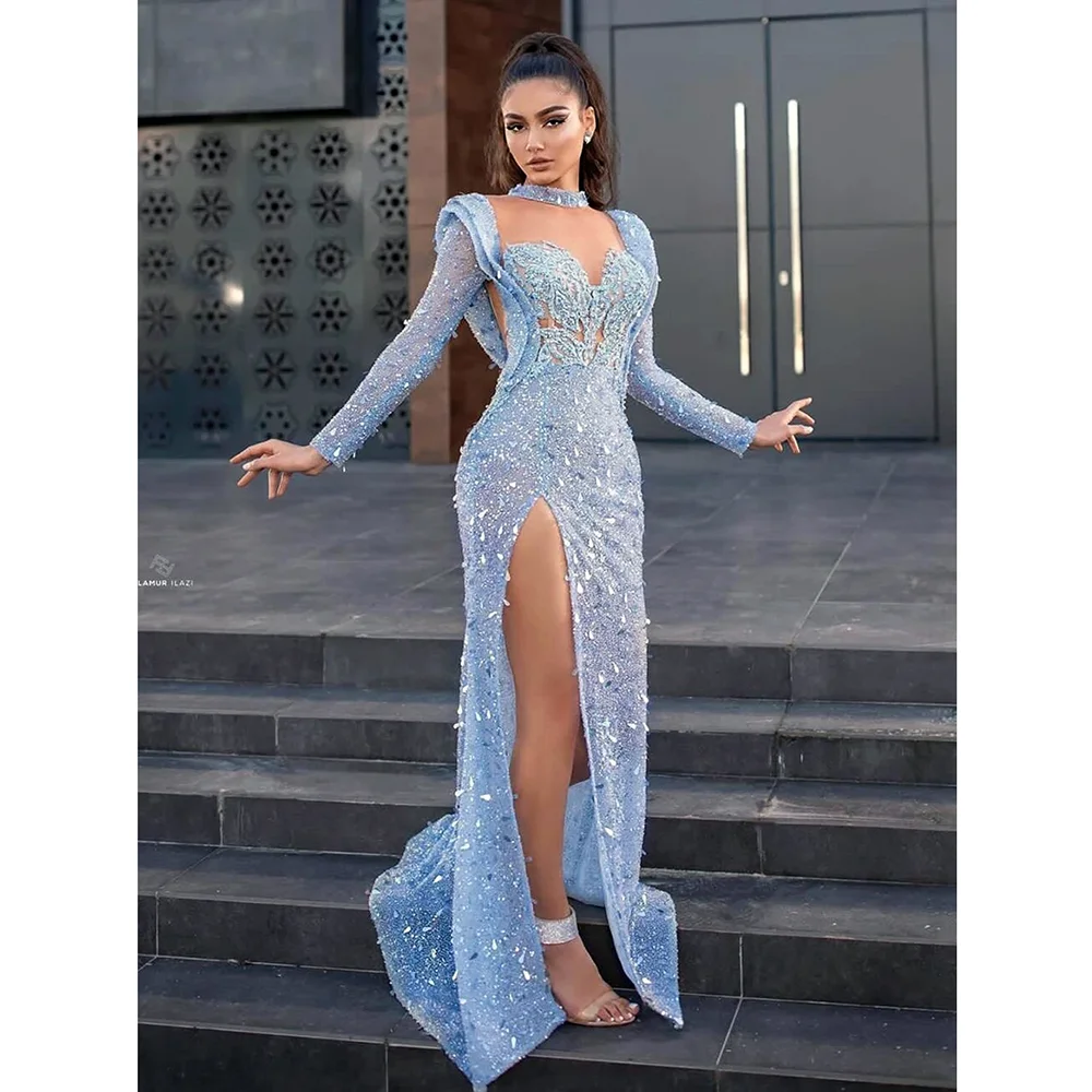 Sky Blue Sequined Prom Dresses Elegant Long Sleeves Illusion Side Split Evening Gowns Floor Length Chic Women Party Dresses