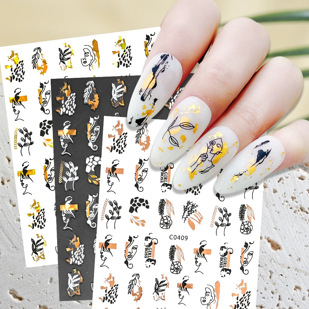 Autocollants pour les ongles, motifs graffiti, ligne 3D, bronzant, laser, fleur, cuir chevelu, cœur, art de l'onglerie, rayures françaises, décalcomanies, 12 pièces/ensemble