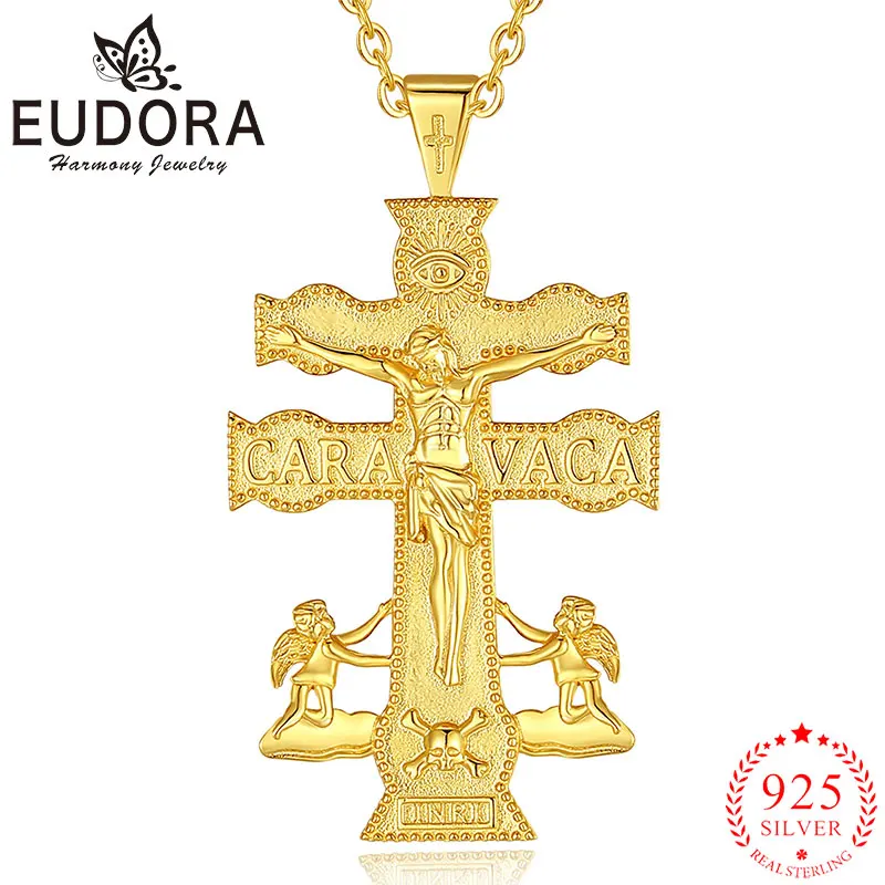 

Eudora 925 Sterling Silver Caravaca Cross Necklace 18K Gold Jesus Angel Pendant Men Women Religious Jewelry Exquisite Gift