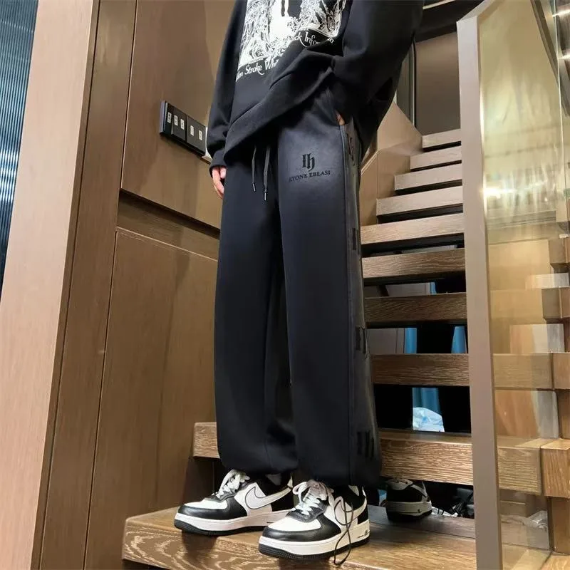 

Men's Casual Fce Lined Straight Leg Pants Autumn Winter Warm Outerwear Street Sle Spor Wide Leg Trousers for Teens