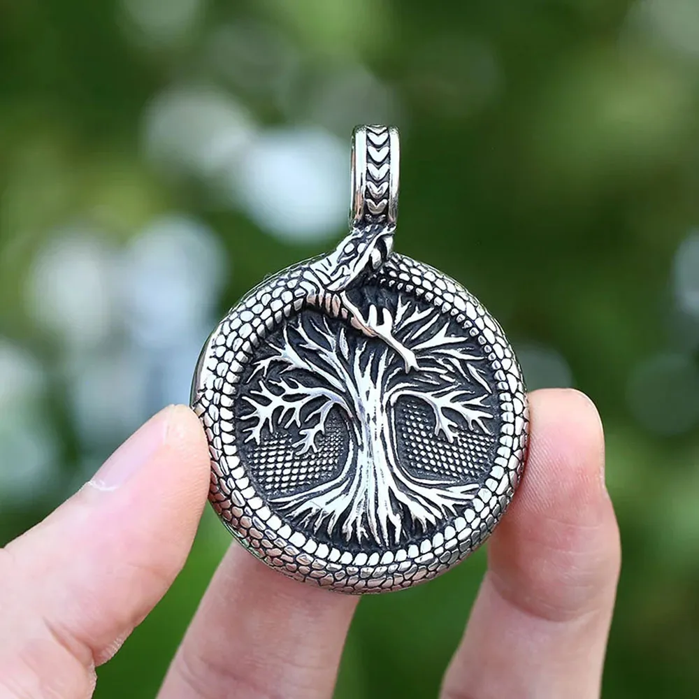 FIREBROS 316L Stainless Steel Vintage Ouroboros Dragon Pendant Yggdrasil Tree of Life Necklace Vegvisir Viking Jewelry for Men