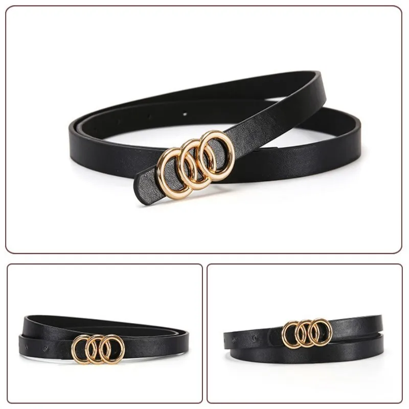 A set of thin waist belts with golden three-loop buckles. It's a versatile style suitable for spring and summer, and can be pair