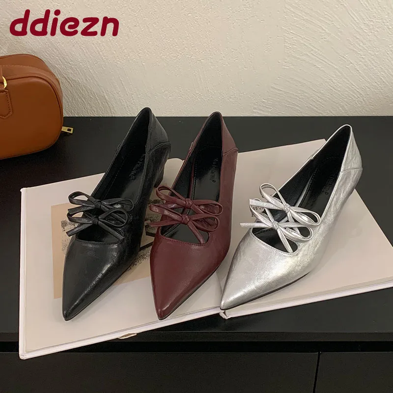 

Footwear Pointed Toe Women Heel Pumps Shoes 2025 New Luxury Female Shallow Fashion Butterfly-Knot Ladies Low Heel Slip On Shoes