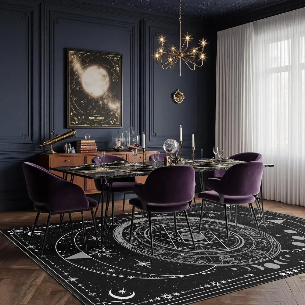 8x10 Black Divination Area Rug: Moon Phases & Tarot, Soft, Washable, Non-Slip for Witchy Home Decor