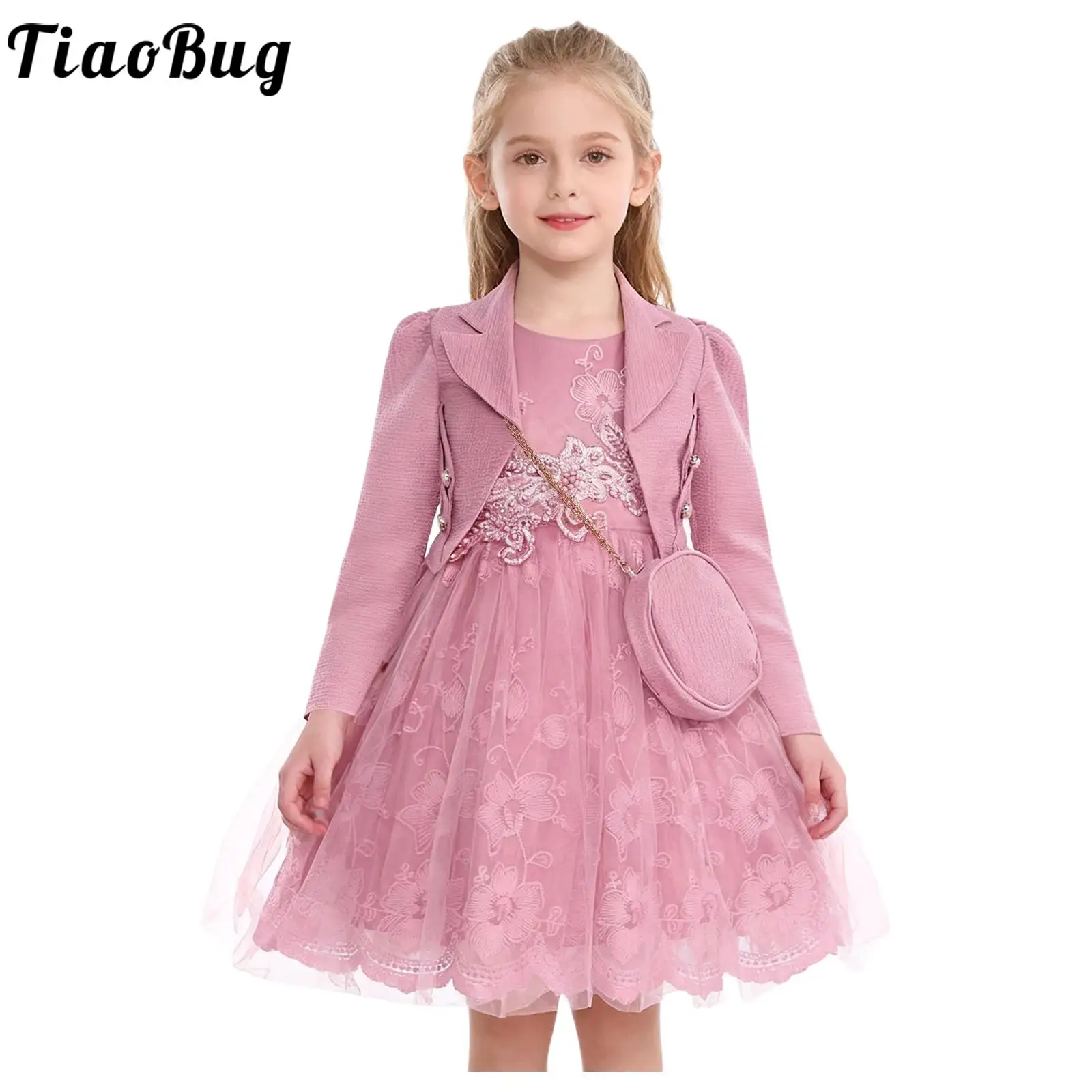 Flower Girl Elegant Princess Dress Sleeveless Floral Embroidered Tulle Gown with Cardigan Bag for Wedding Birthday Party Pageant