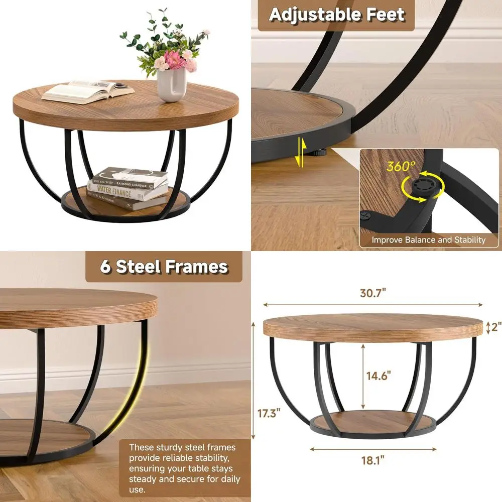 

Современный двухуровневый круглый журнальный столик, 31 место для хранения в гостиной, стальной каркас, центральный стол из коричневого дерева, простая сборка