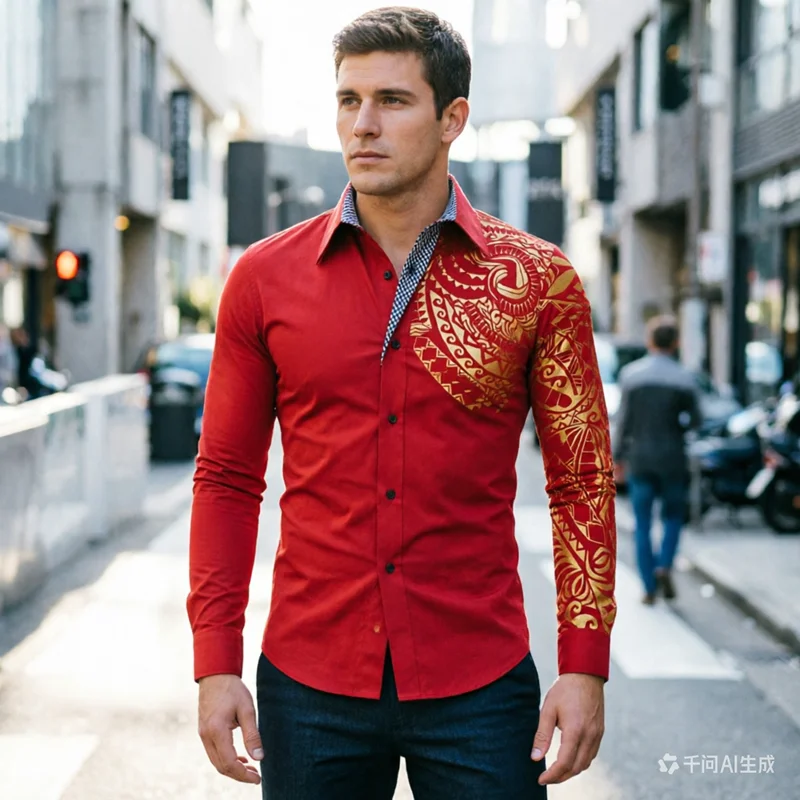 New Men Hot Gold Printed Shirt Black / Red / White Fashion Male Dance Party Bar KTV Casual Patchwork Shirts