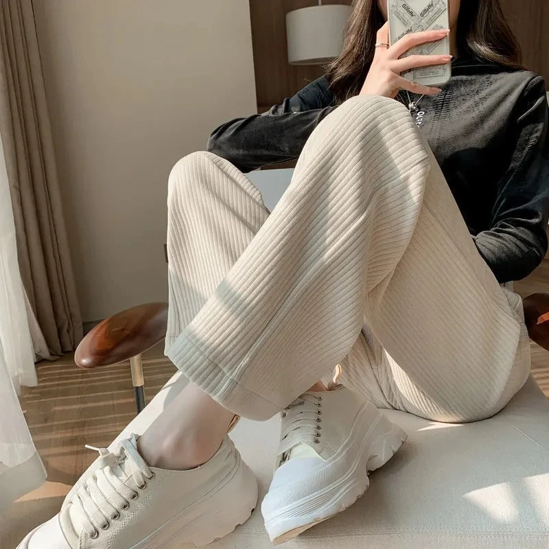 

Chenille high waist wide leg design women's pants 2023 autumn and winter chic loose pants corduroy straight casual pants