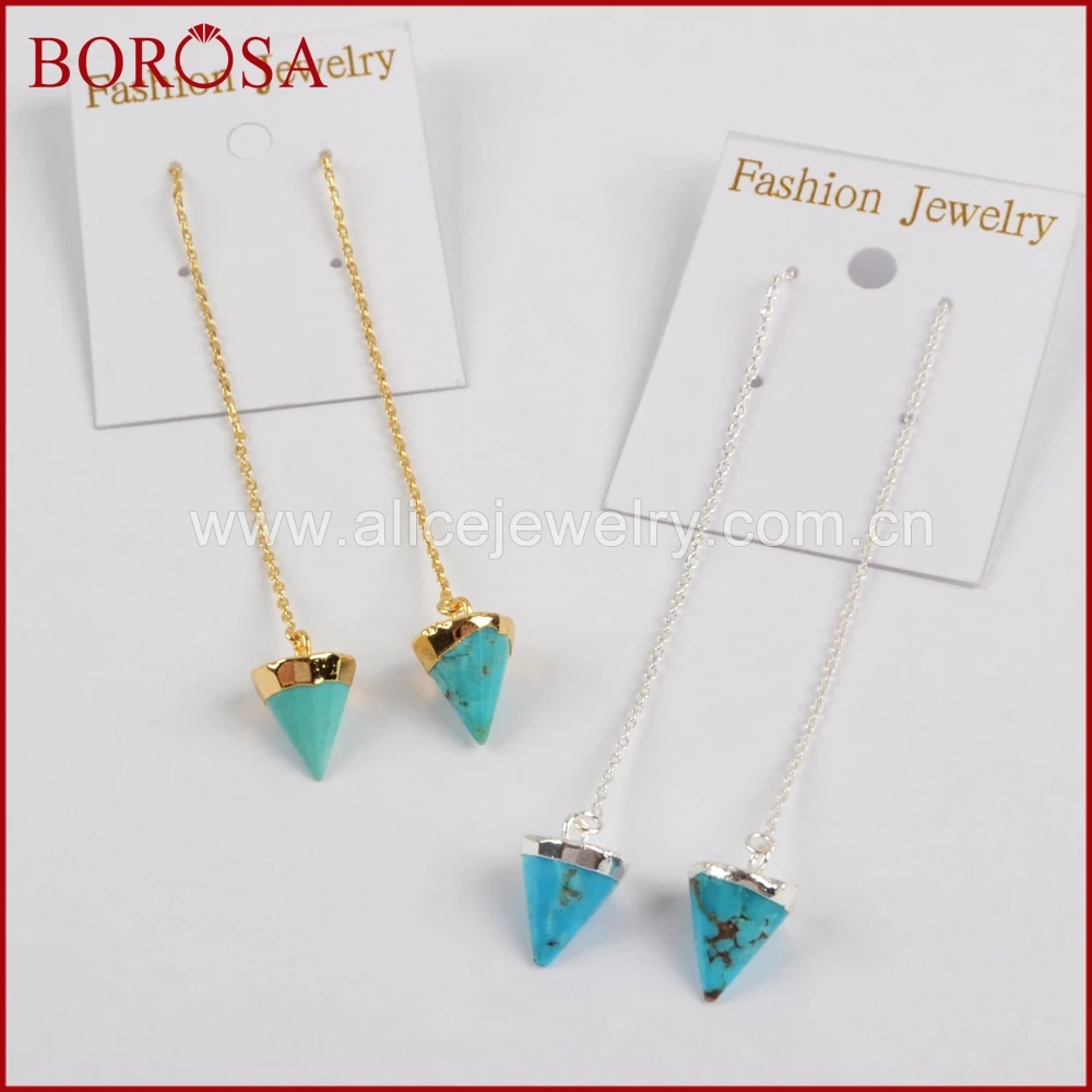 New Arrival Silver Plated Gyro Shape Natural Turquoise Faceted Point Threader Earrings for Women Jewelry S1344