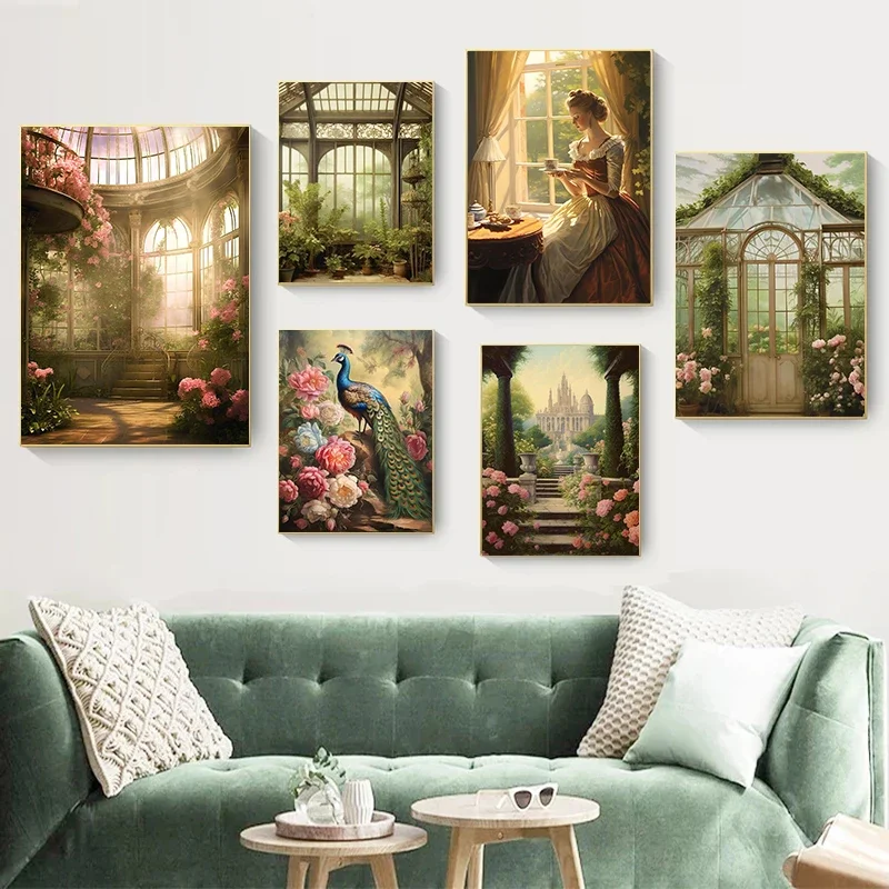 Victorian Conservatory Greenhouse Poster Baroque Prints Peony Antique Peacock Canvas Painting Wall Art Pictures Home Room Decor