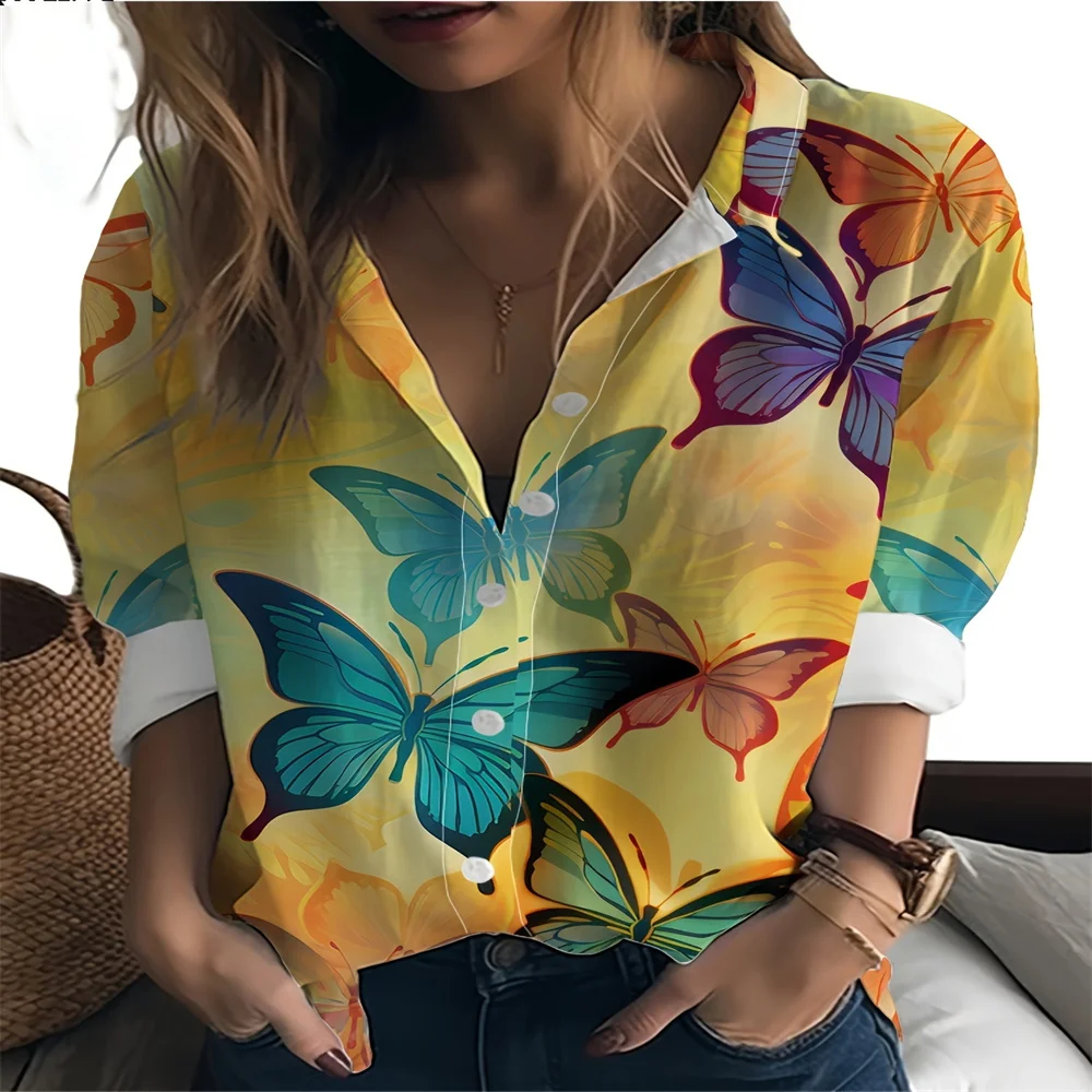 Butterfly Printed Shirt Is Easy To Care For Long Sleeved Front Button Loose Fit Is The Perfect Choice For Casual Daily Wear