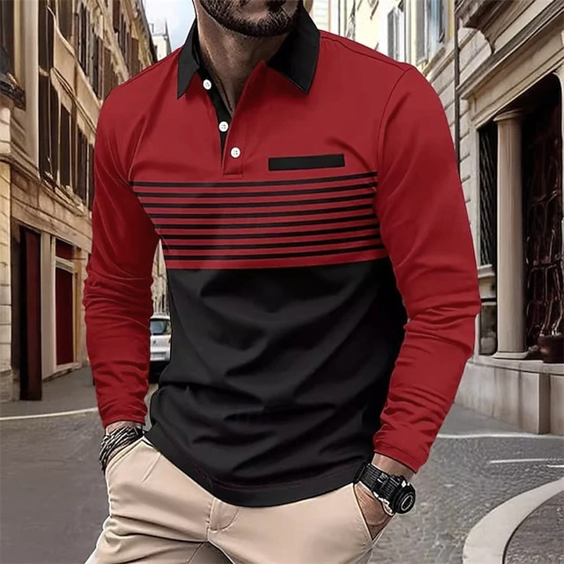 Men's Polo Shirt Golf Shirt Outdoor Work Standing Collar Long Sleeve Sports Fashion Patchwork All Seasons Slim Polo Shirt