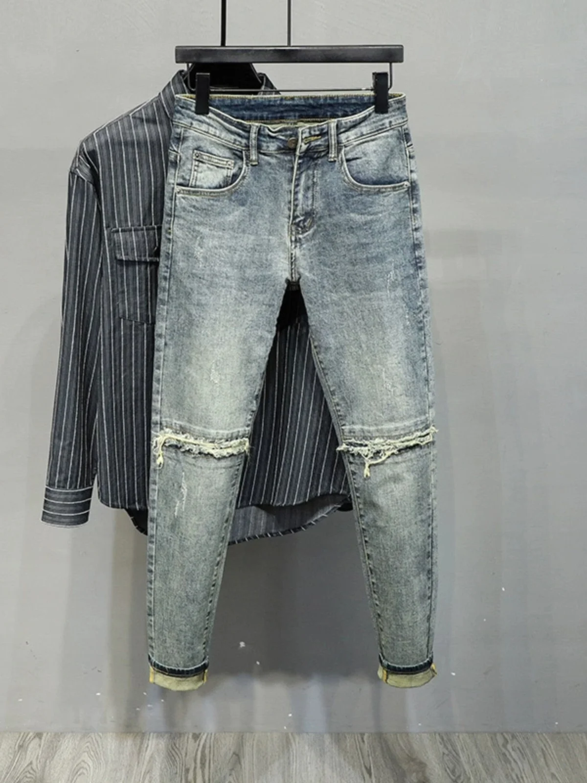 

Мужские облегающие джинсы с нашивкой на колено High Street Sle, американские ulari, осенние длинные брюки, модные молодежные брюки с индивидуальной строчкой