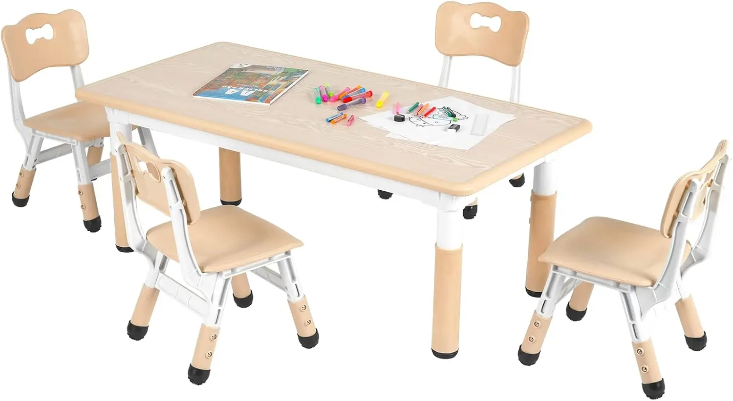 Kids Table and 4 Chair Set, Height Adjustable Toddler Table and Chair Set, Non-Slip Legs, Graffiti Desktop