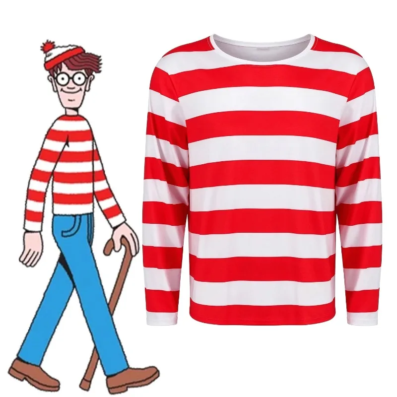 Wheres Waldo Striped Shirt Youth Boys Girls Costume Mesh Long Sleeve Tees Unisex Adults Cosplay Costume 3D Full Printed T Shirts