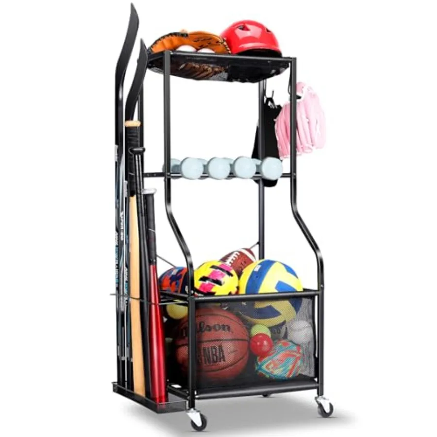 

Sports Equipment Garage Organizer - 3-Tier Rolling Ball Storage Rack with Wheels and Hooks for Indoor Outdoor Use Black