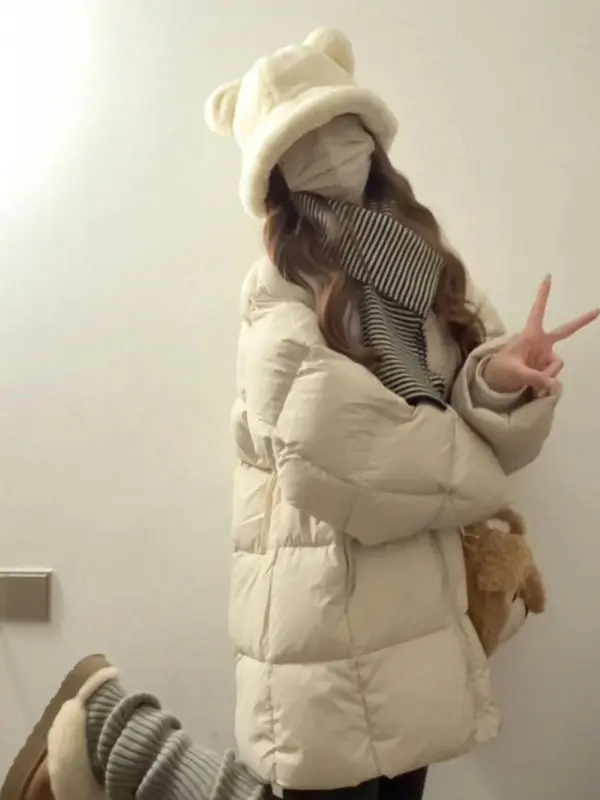 

Korean Sle Loose Fit Hooded Thiened Cotton Jaet Faionable Winter Outerwear for Small Figures Sli Commute Wear