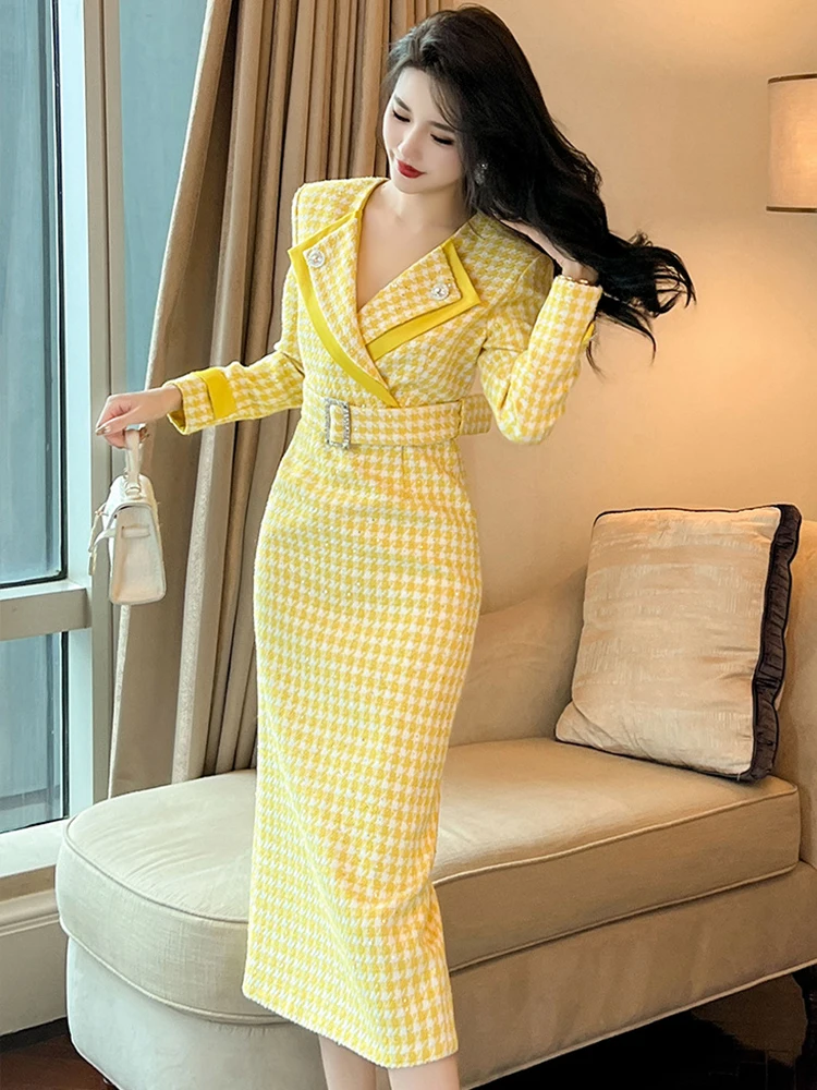 Women\'s Elegant Style Professional Dress Celebrity Yellow Sequins Turn-down Collar Belt Slim Robe Party Business Vestidos Mujer