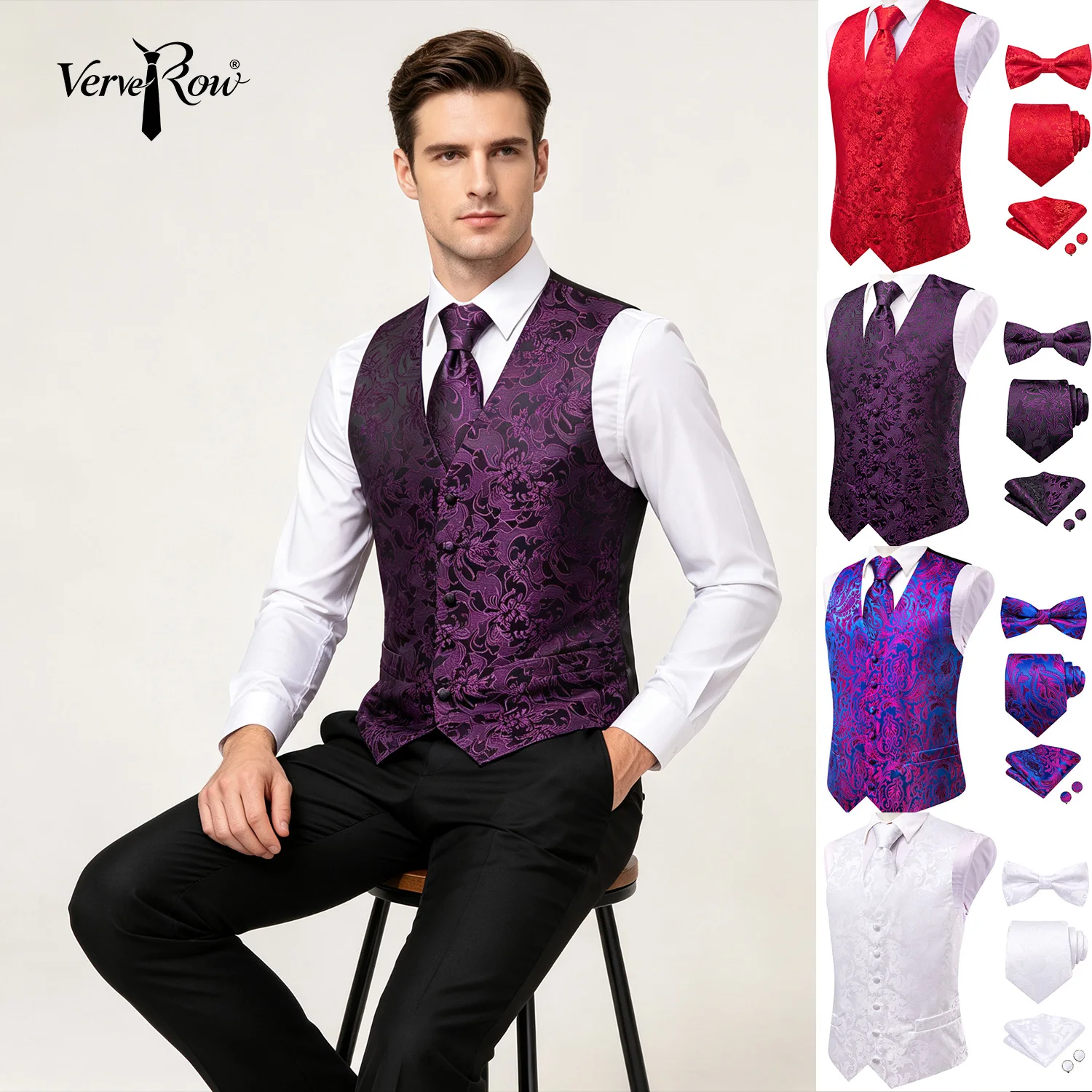 VerveRow Jacquard Suit Vest Set for Men 5 Pieces Red/Purple/Gold/Navy Blue/White Waistcoat Tie Bowtie Hanky Cufflinks Formal