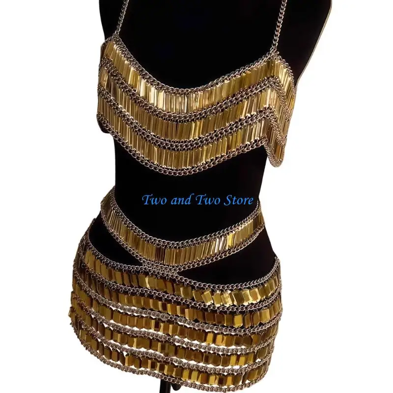 HX6F Blackless Crop Top Short Skirt Rhinestones Bras Chain Beach Body Jewelry image 3