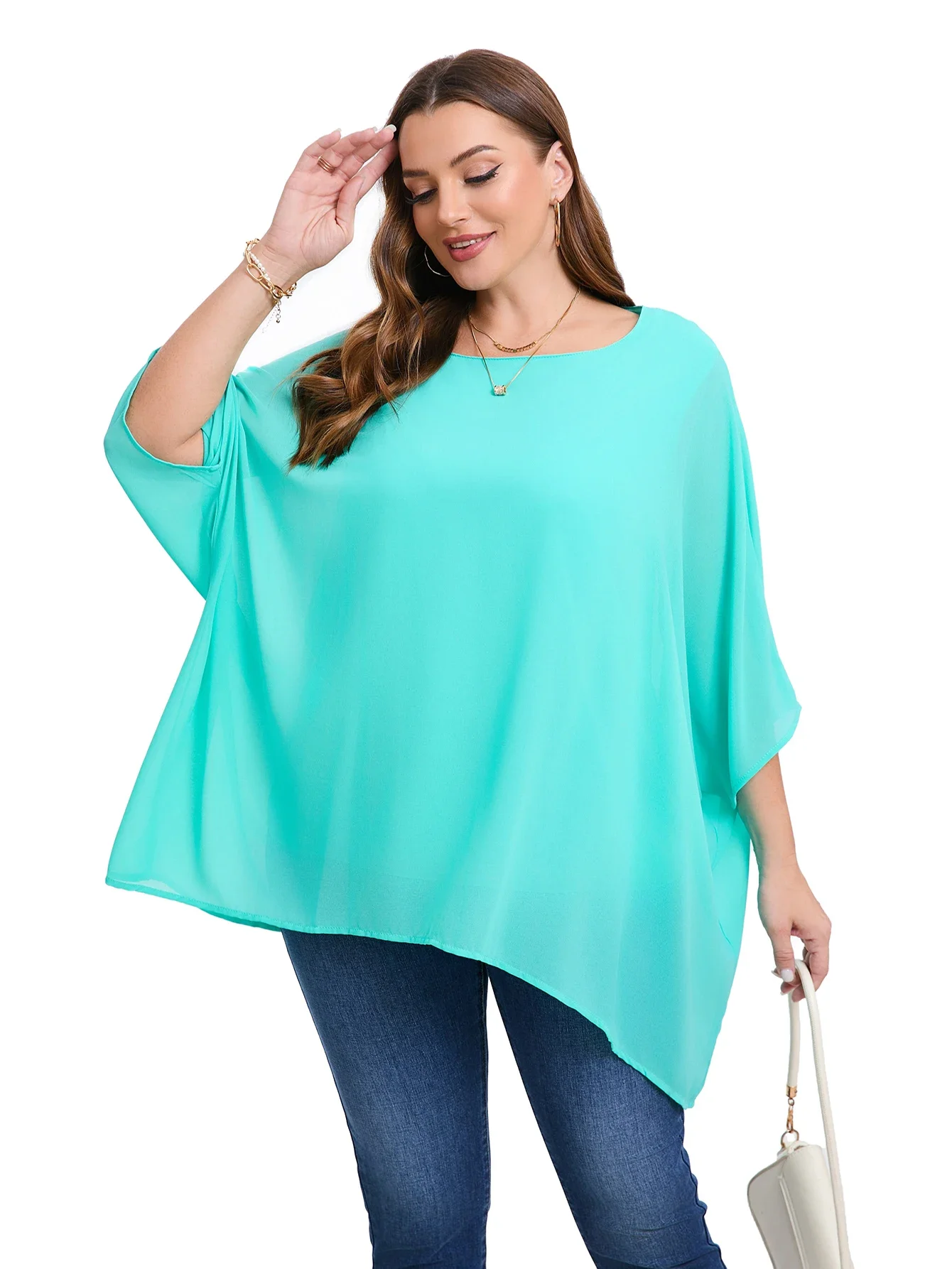 Womens Plus Size Elegant Summer Blouse Batwing Sleeve Oversized Chiffon Blouse Scoop Neck Large Size Casual Tunic Top Shirt 7XL