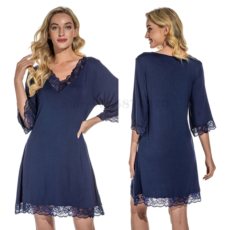 Women's Lace Sexy V-Neck Nightdress Solid Color Knitted Cotton Seven-Point Sleeve Sleepwear Medium Length Loose Casual Home Wear - Image 3