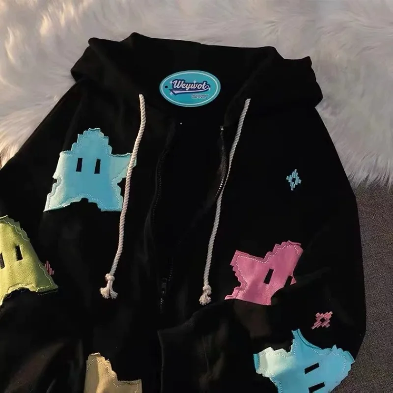 

Korean Fashion 2025 New Kuro Cartoon Hoodie for Girls with Stickers Sweatshirt and Cardigan Coat Female Clothing