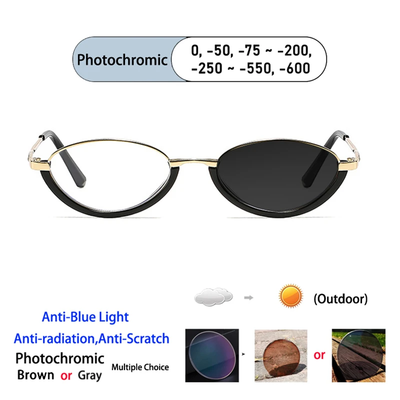 New Brand Design Oval Semi-pack Frame Myopia Glasses Prescription Photochromic Anti Blue Light Women Shortsight Eyewear -1 -1.25