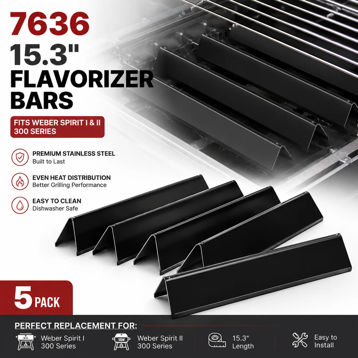 7636 15.3 inch 5Pcs Stainless Steel Flavorizer Bars Replacement for Weber Spirit I II 300 Series E S 310 320 330 Gas Grill