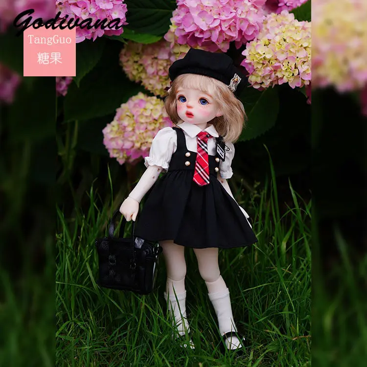 1/6 BJD Doll Clothes Academy Style Outfit Puff Sleeve Shirt and Black Suspender Skirt Beret Hat Plaid Tie Cute School Uniform