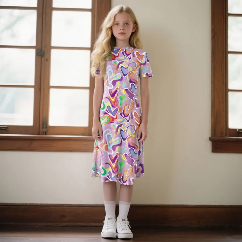 

2025 Girls' Tie-Dye Design Heart Pattern Fashion Short-Sleeve Dress