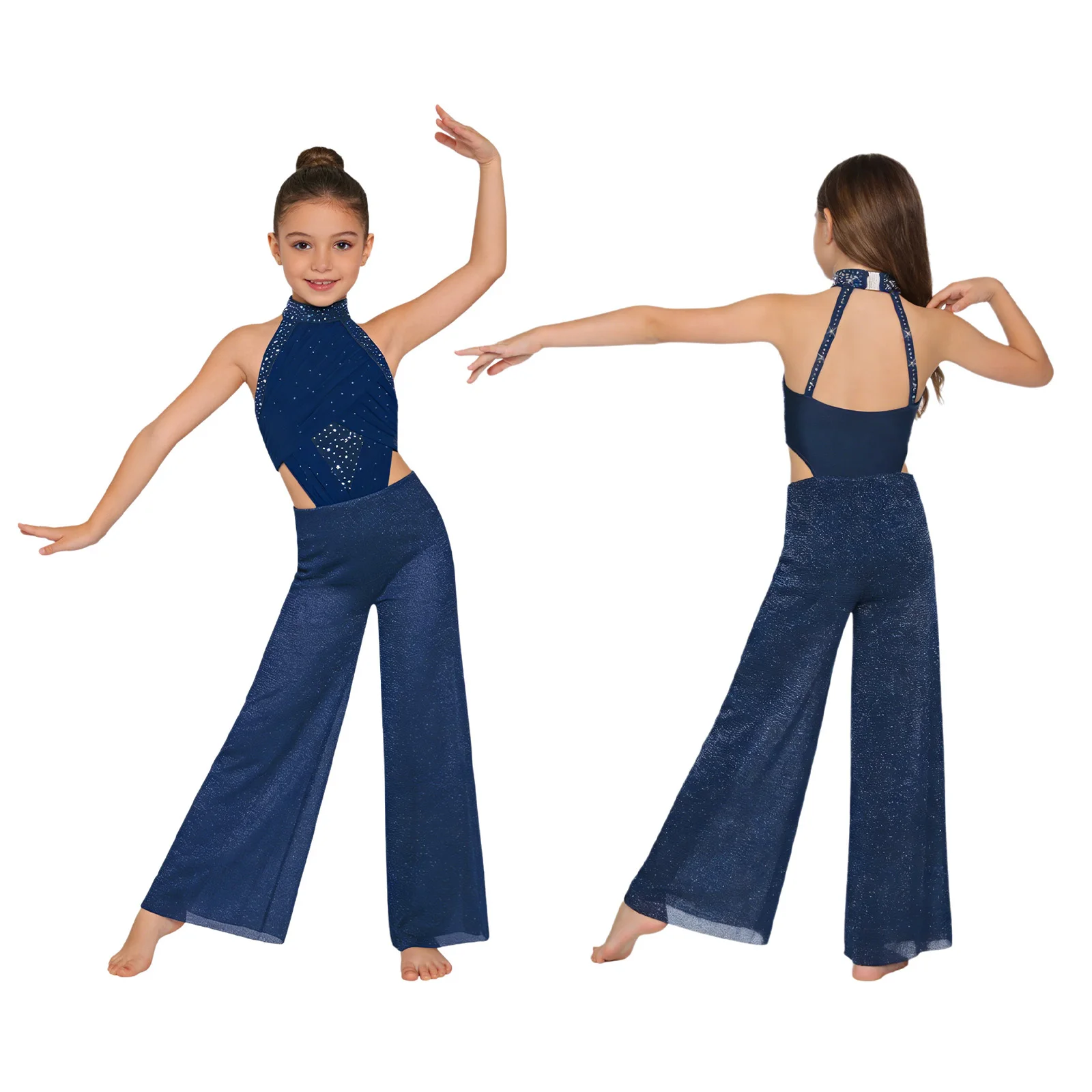 Meisjes moderne lyrische dansvoorstelling jumpsuit glanzende mesh strass steentjes latin schaatsen gymnastiek acrobatiek bodysuit danskleding