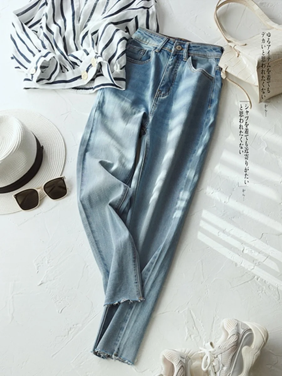Loose Straight Leg Jeans Women's Summer Thin High Waist Light Blue Nine Points Smoke Tube Pants plus Size Kids Seven Points P...