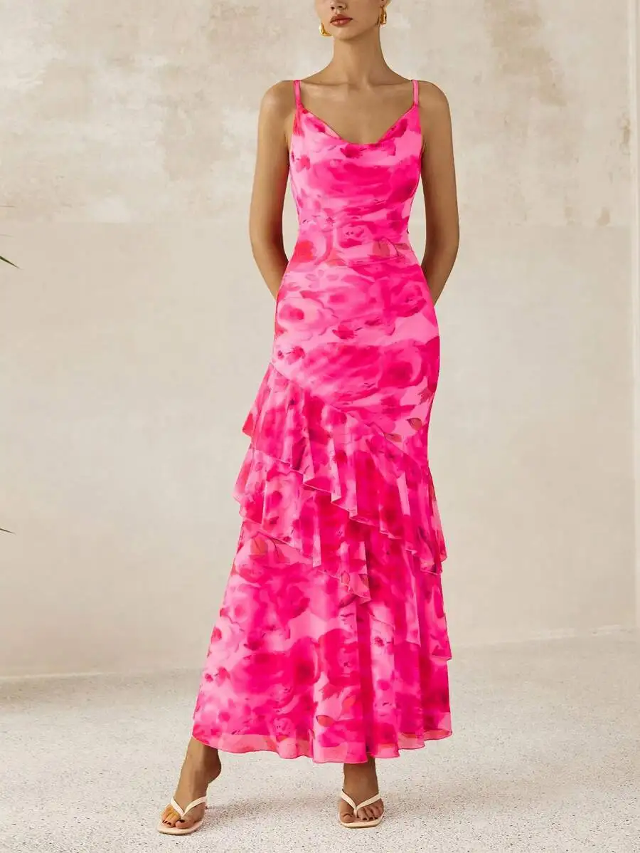 Vestido largo floral con volantes y tirantes finos para mujer, ideal para invitadas a bodas de verano en la playa