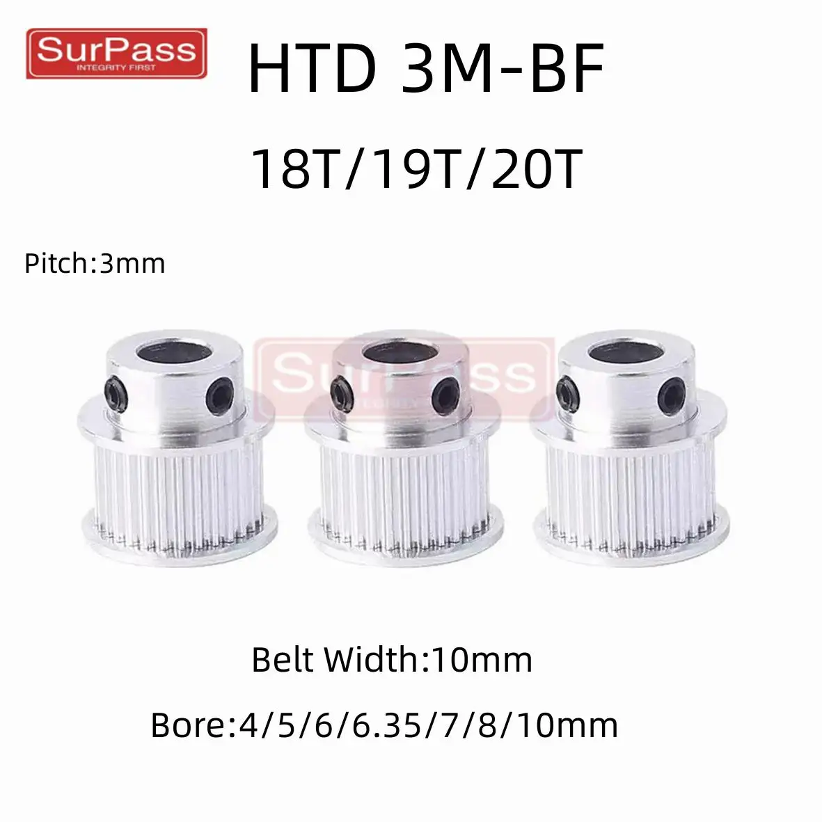 HTD 3M 17/18/19/20 Tooth BF model Timing Pulley With Gear Pitch 3mm Inner Hole Of 4/5/6/6.35/7/8/10mm And Surface Width 10mm