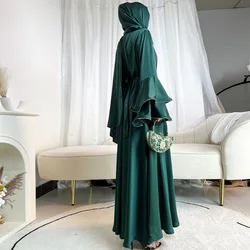 Sleek Slim-Fit Luxury Muslimah Abaya Dress with Shawl Scarf Ramadan Eid Islamic Robe: Diamonds Chain Trim, Layered Flare Sleeves